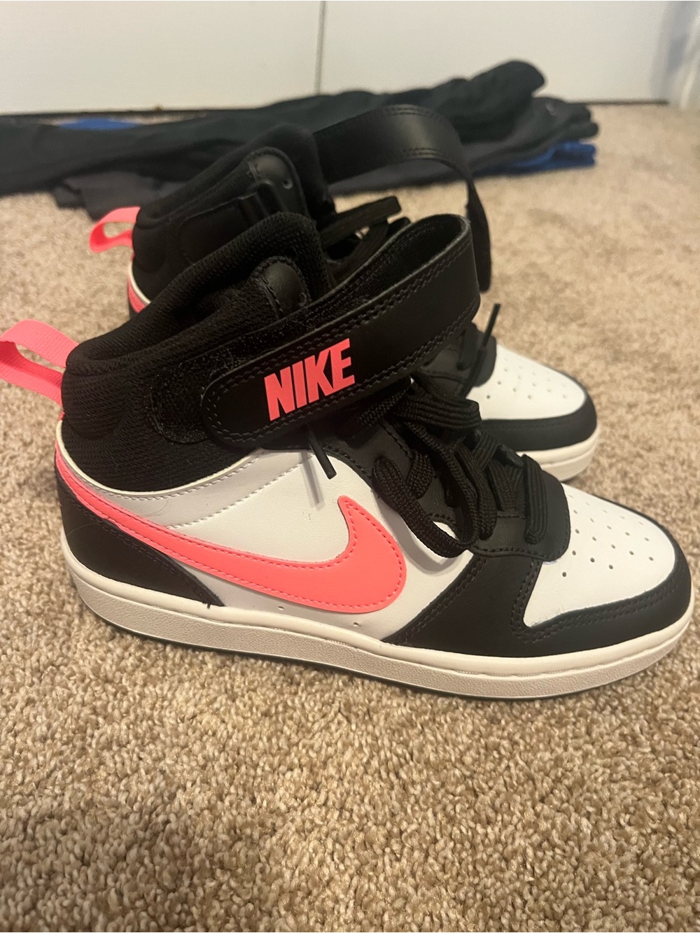 Nike Kids High-Top Sneakers — Black, White & Pink Coral Swoosh